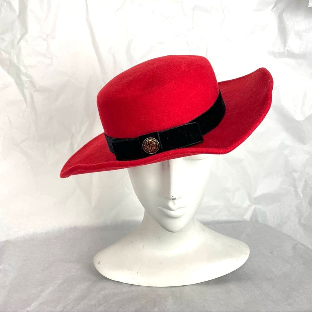 Vintage Red Bolero Hat 100% Wool Felt Black Ribbon and Coin - Picture 1 of 10